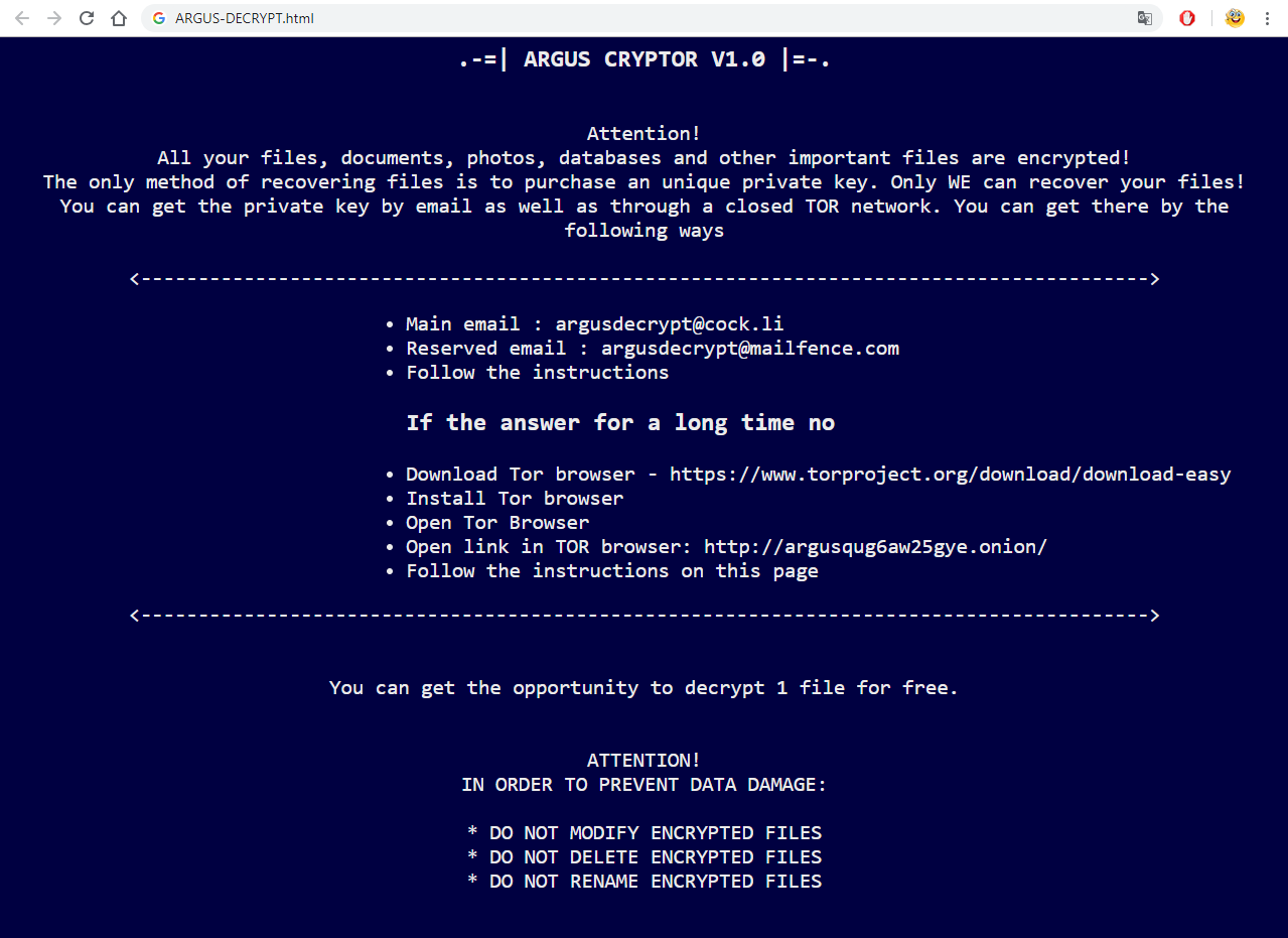 remove Argus Cryptor V1.0 ransomware