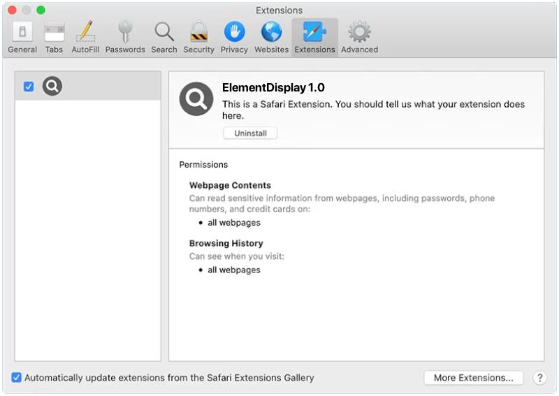 How to remove ElementDisplay (Mac)