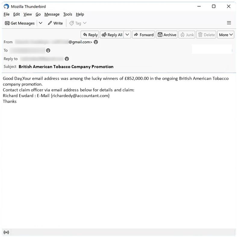 How to stop British American Tobacco Company Promotion email scam